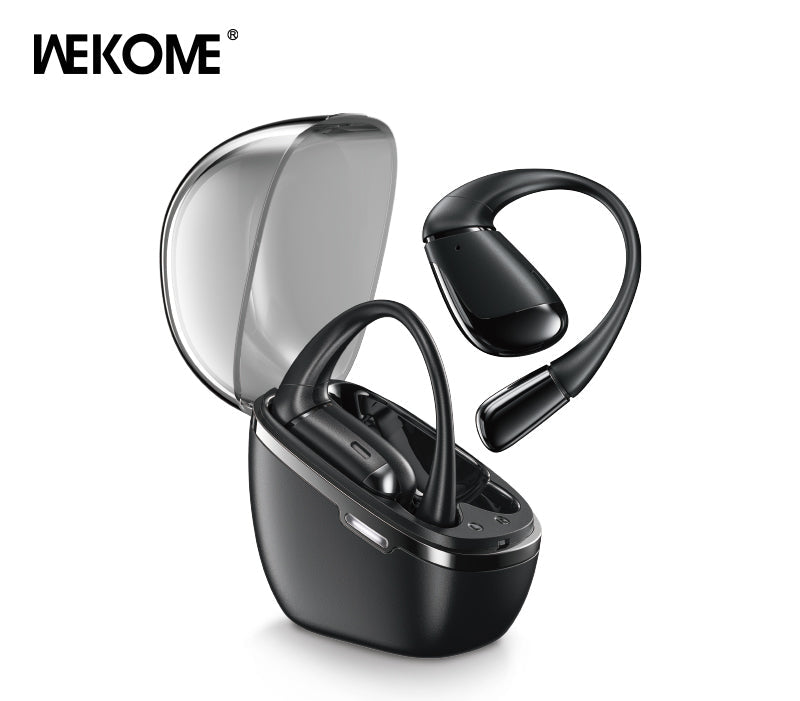 A pair of Wekome WS-13 Bluetooth clip-on open-wear style wireless earbuds in black color, with the charging case open and the earbuds partially inside the case.