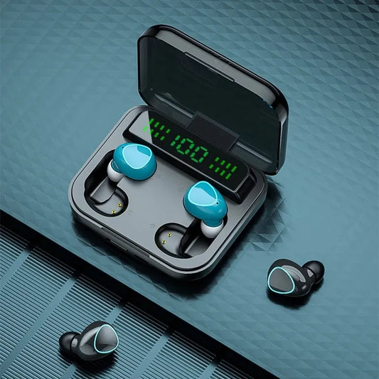 Two pairs of Bluetooth earphones resting inside a compact charging case.