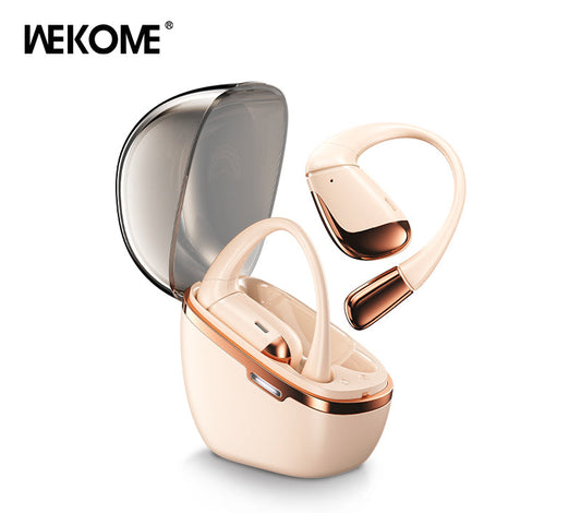 A pair of Wekome WS-13 Bluetooth clip-on open-wear style wireless earbuds in black color, with the charging case open and the earbuds partially inside the case.