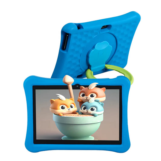 Blue 10-inch kids tablet with silicone cover and built-in stand