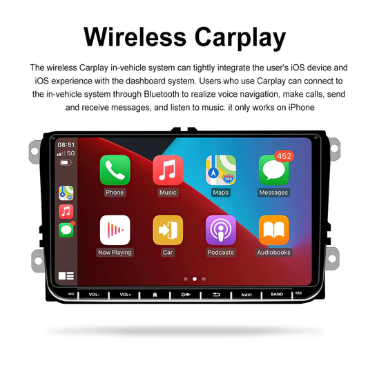 Android car radio supporting wireless CarPlay for iOS and Android devices