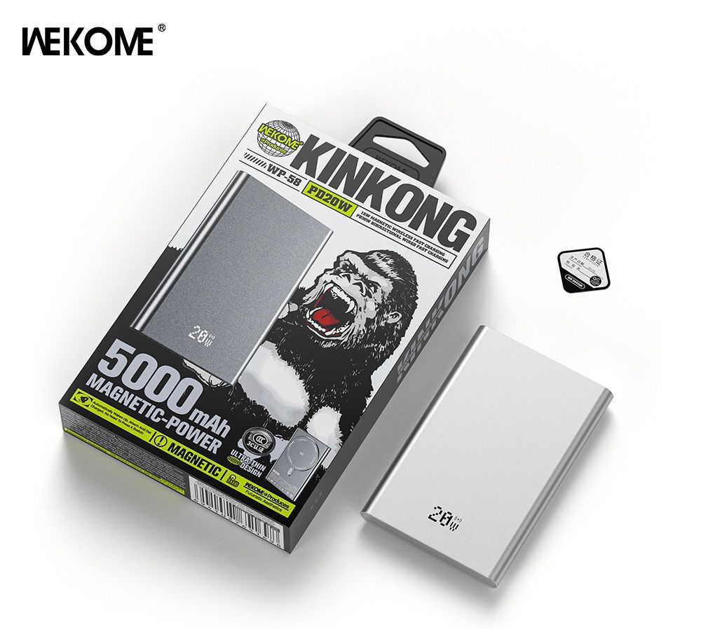 WEKOME WP-58 5000mAh power bank in silver color, displayed next to its packaging which features a gorilla graphic and text indicating the capacity and power output.