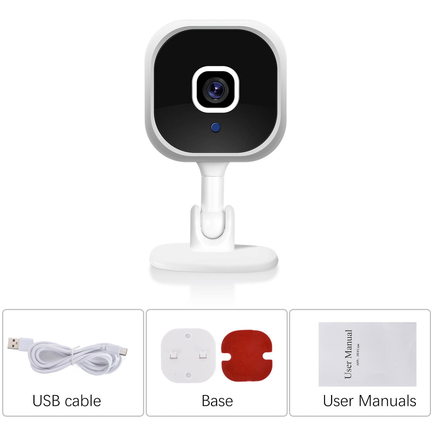 White mini camera with all accessories displayed inside the box