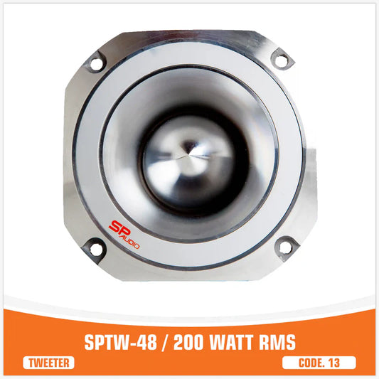 Speaker tweeter with metallic finish and 'SP Audio' branding on a white background