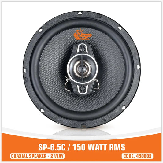 A 6.5-inch coaxial car speaker shown from the front against a white background, with an orange banner at the bottom containing product text.