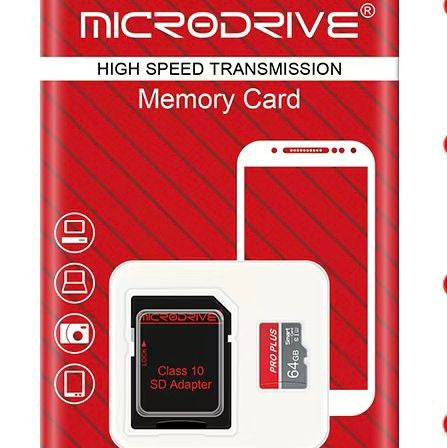 Red packaging of a microdrive memory card with a smartphone illustration on a white background