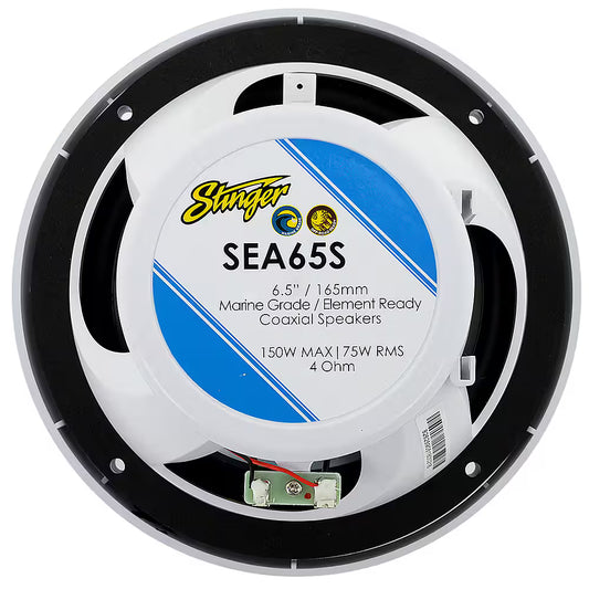 A 6.5-inch marine-grade coaxial speaker by Stinger, model SEA65S, featuring a white and black circular design with a blue and white center label.