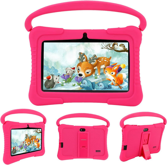 A child's tablet with a pink silicone case, displaying a colorful cartoon screen saver featuring animals.