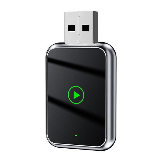 Black USB device with a green play button on a white background