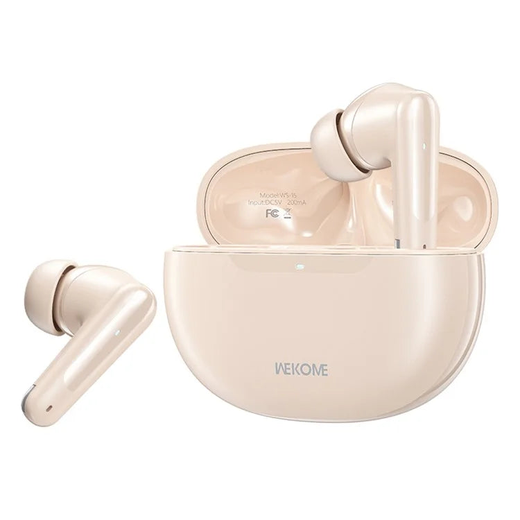 A pair of beige WEKOME WS-15 true wireless earbuds in an open charging case.
