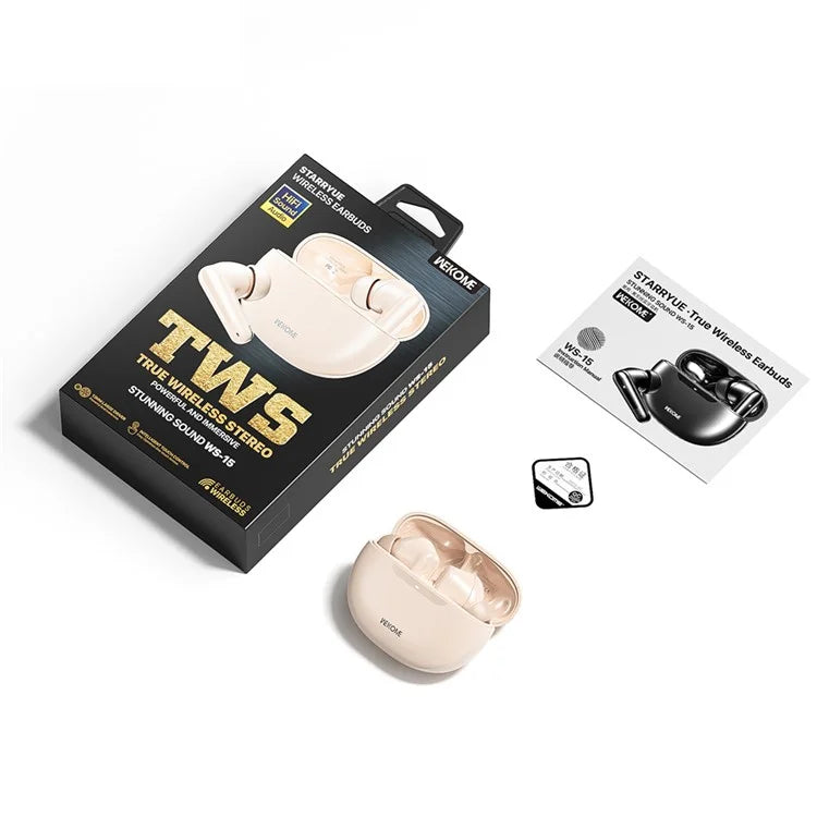 Box and beige headphones on white background