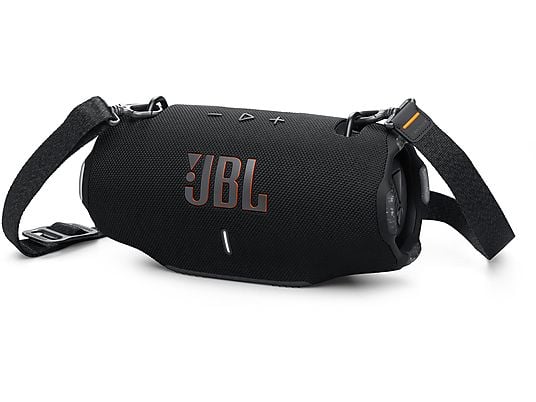 Black JBL portable speaker with a strap on a white background