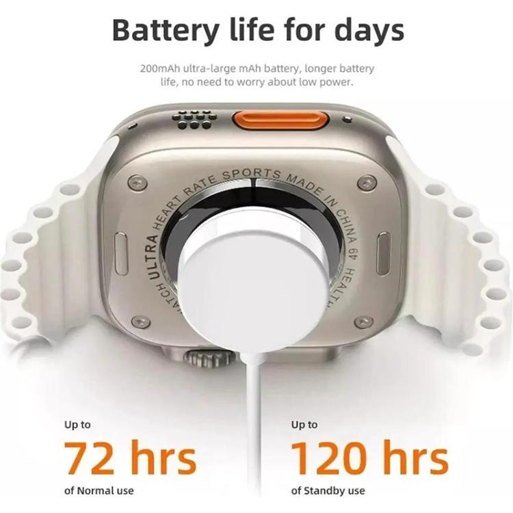 Smartwatch with battery life text on a white background