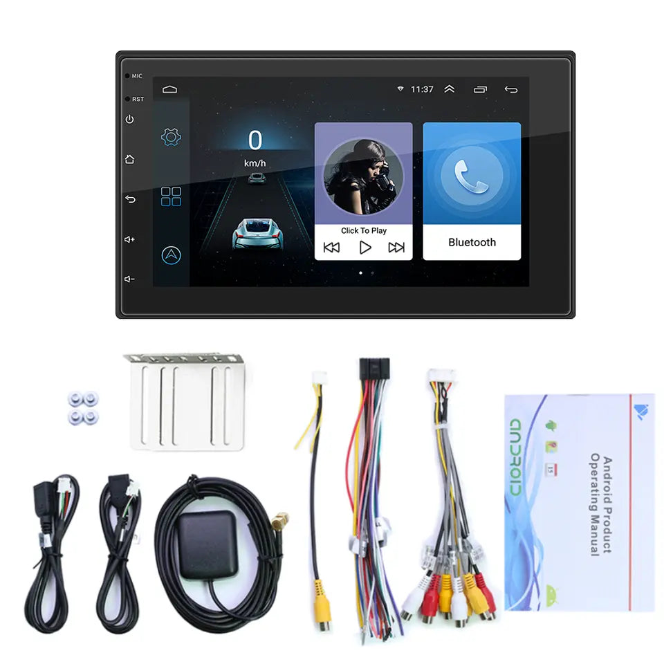 Unboxed 7-inch car radio with all included accessories on white background