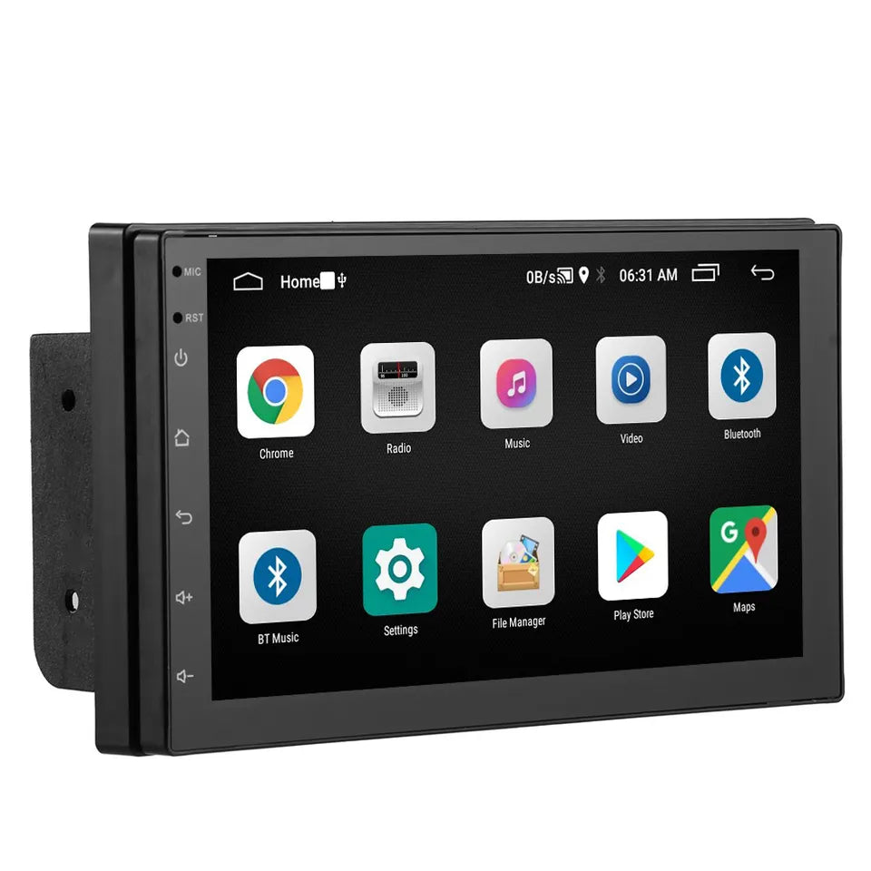 A 2DIN Android car radio with a touchscreen display showing various app icons and the home screen layout.
