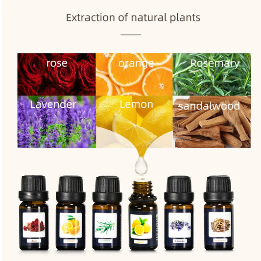 Six bottles with six flavors: rose, orange, lemon, lavender, and sandalwood