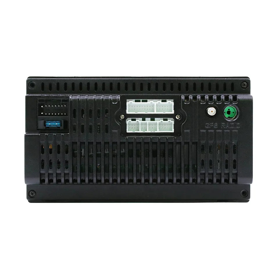 Back view of 7 inch radio showing ports on white background