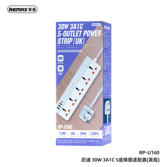 Box of Remax power strip showing the specifications