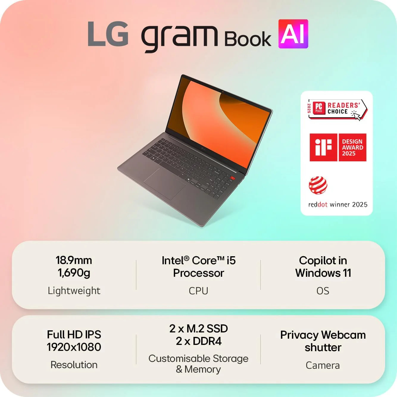 LG gram Book AI laptop with specifications on a gradient background