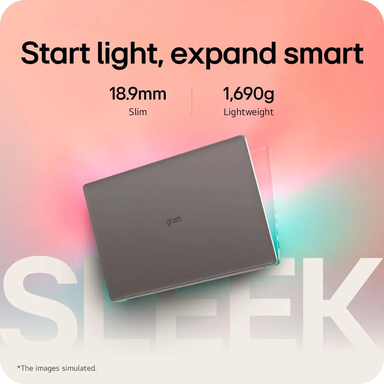 Laptop with 'g' brand on a gradient background with text about dimensions and weight.