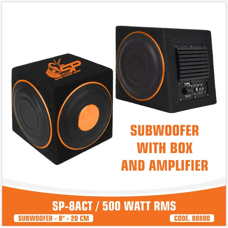 Subwoofer with box and amplifier on a white background