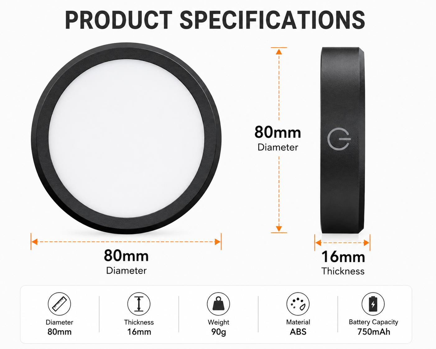 Product specifications of a circular device with dimensions and features listed.