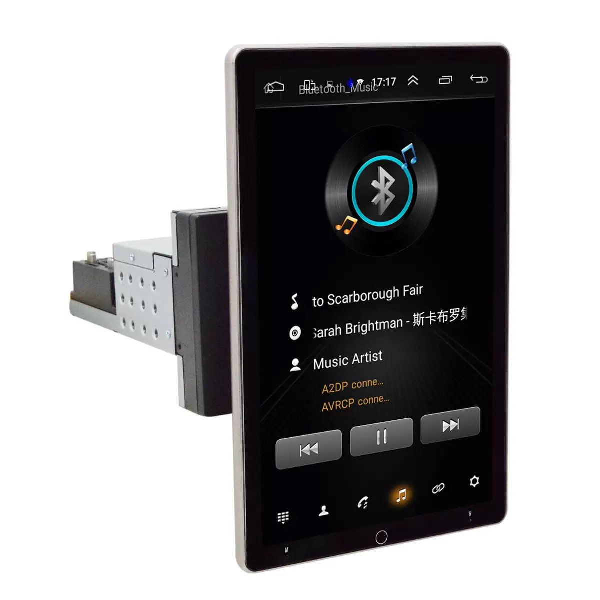Car multimedia player with Bluetooth and music playback interface on a white background