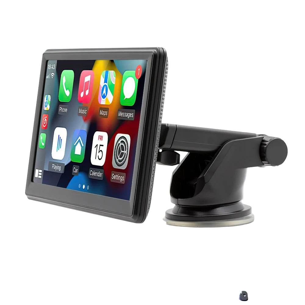 7-inch portable GPS device with Carplay and Android Auto compatibility on a white background