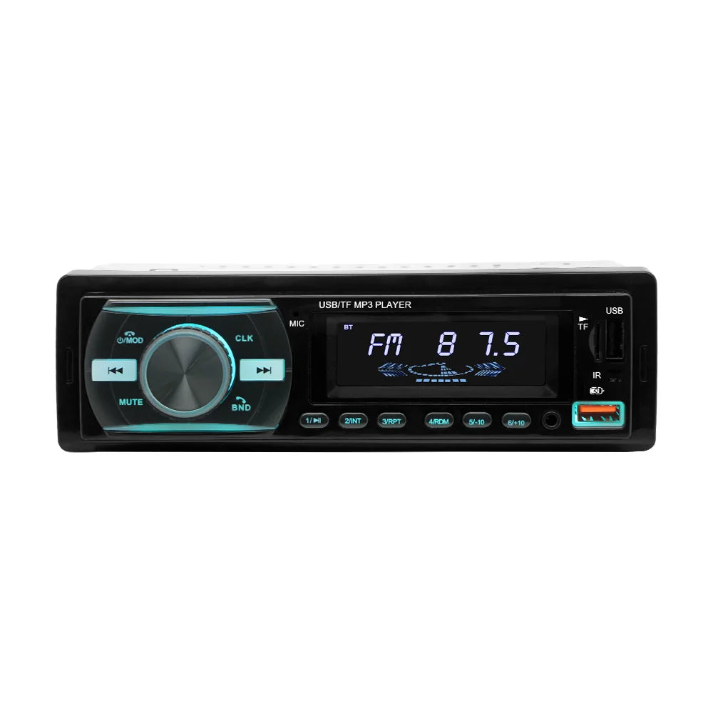 A black 1-din car stereo USB/TFT MP3 player with a digital display screen showing FM 87.5, featuring a central rotary volume knob with blue backlighting and various control buttons below.
