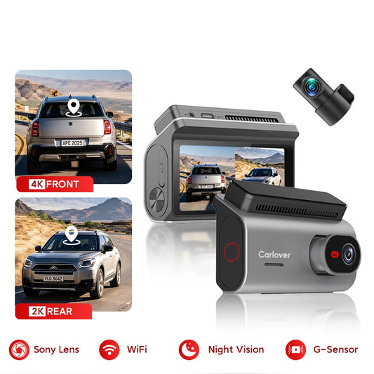 Carlover 4K 2CH Sony lens dashcam shown on a white background with feature icons and inset car images demonstrating front and rear views.