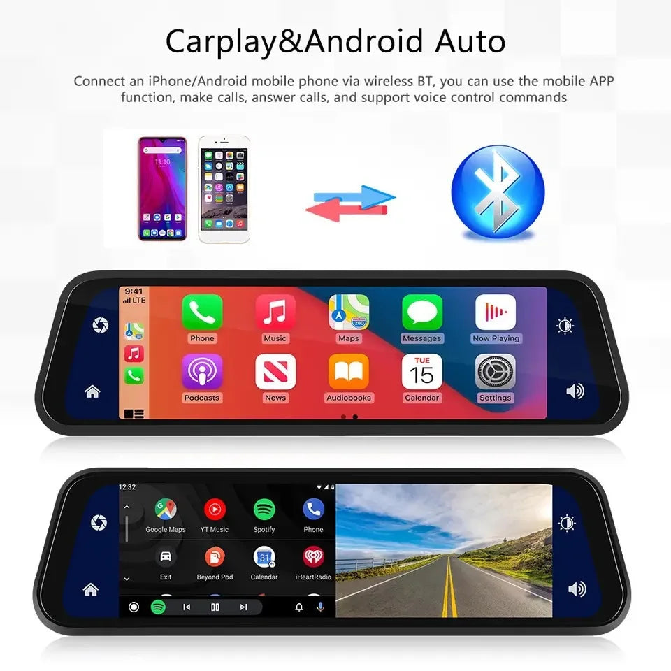 Car mirror with touchscreen display featuring Carplay & Android Auto connectivity on a white background.