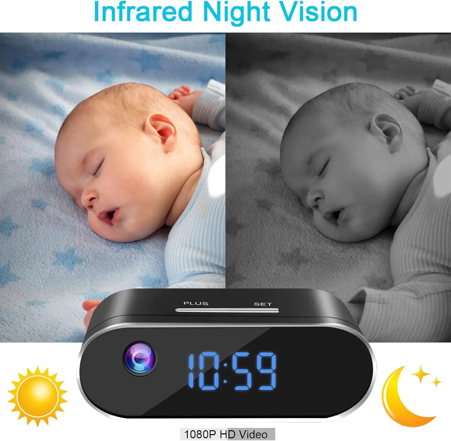 Baby sleeping with and without night vision display, showing time and video recording features.
