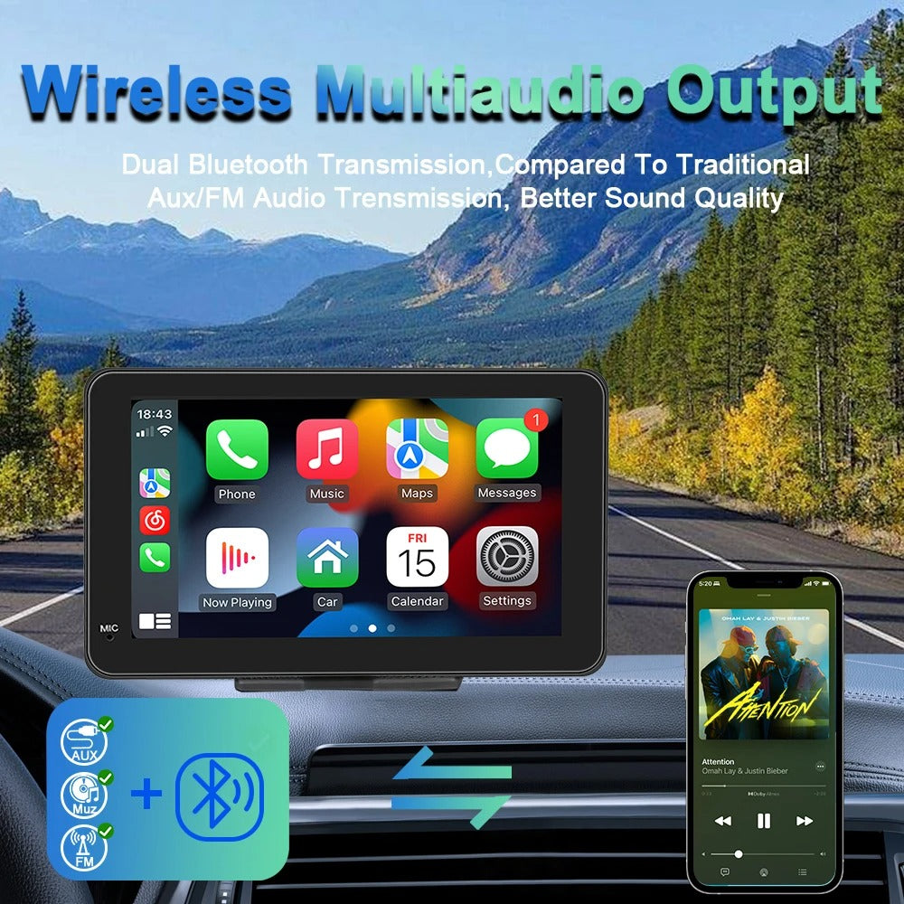 Car stereo system with wireless multiaudio output feature displayed on a scenic road background.