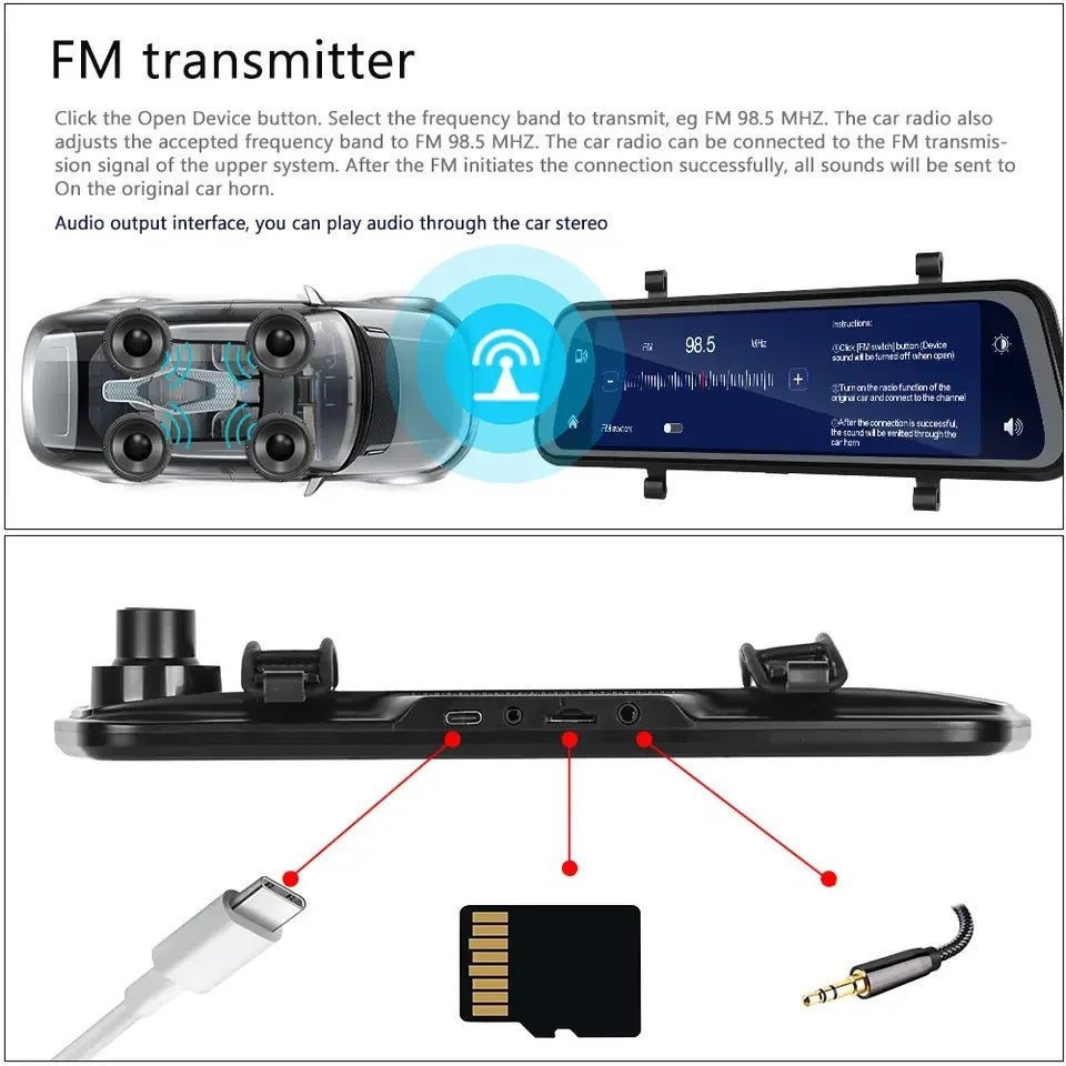 Car rearview mirror with FM transmitter and audio interface components on a white background
