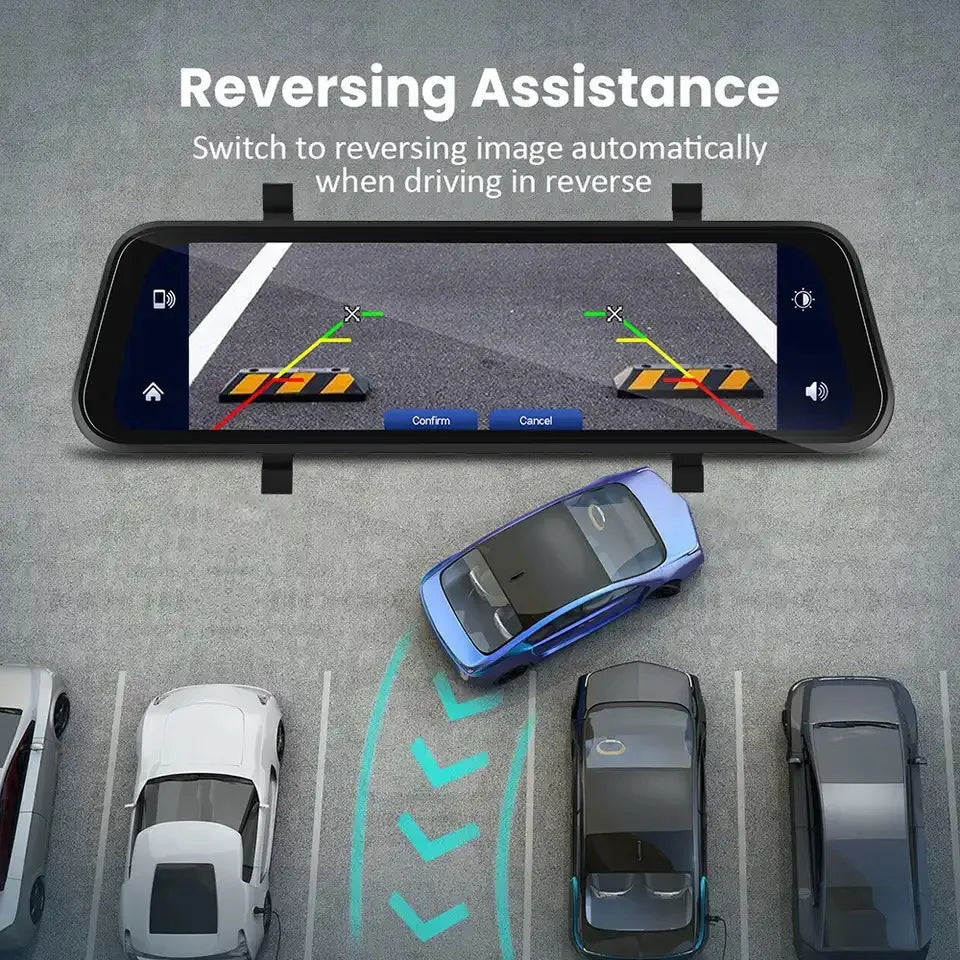 Car reversing assistance system with a screen displaying a road and safety icons.