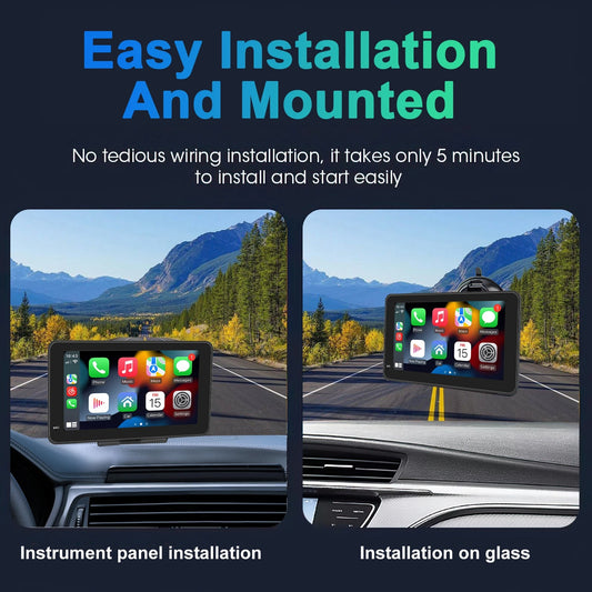 Two views of a car-mounted device with a scenic background, highlighting easy installation on instrument panel and glass.