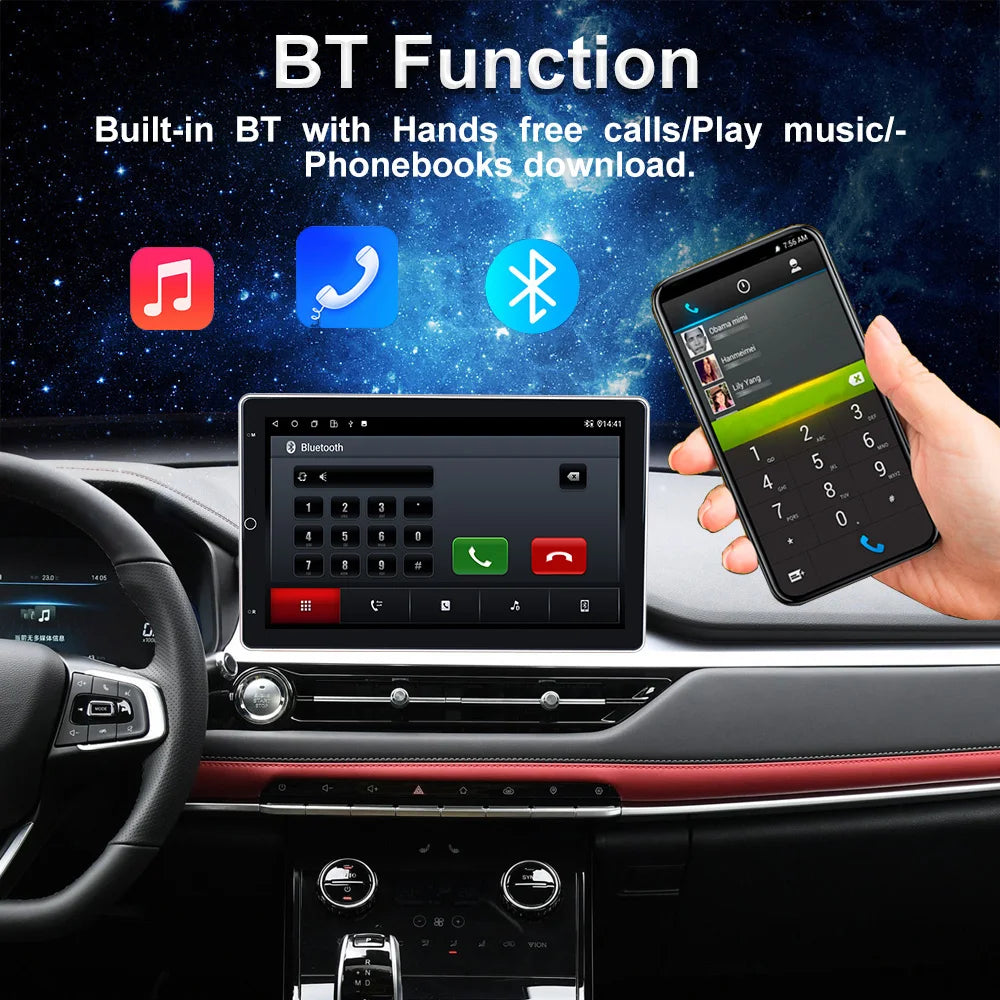 Car dashboard with digital display and smartphone showing BT functions, including hands-free calls and music playback.