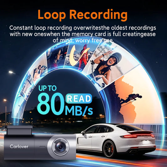 Carlover loop recording dash cam shown in a promotional graphic with a white car, a large circular collage of action scenes, and text claiming up to 80 read MB/s and constant loop recording.