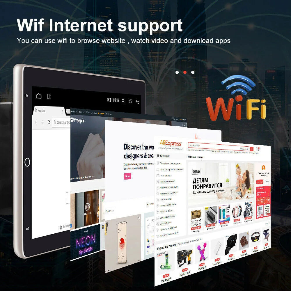 Tablet browsing a website with WiFi support text and logo