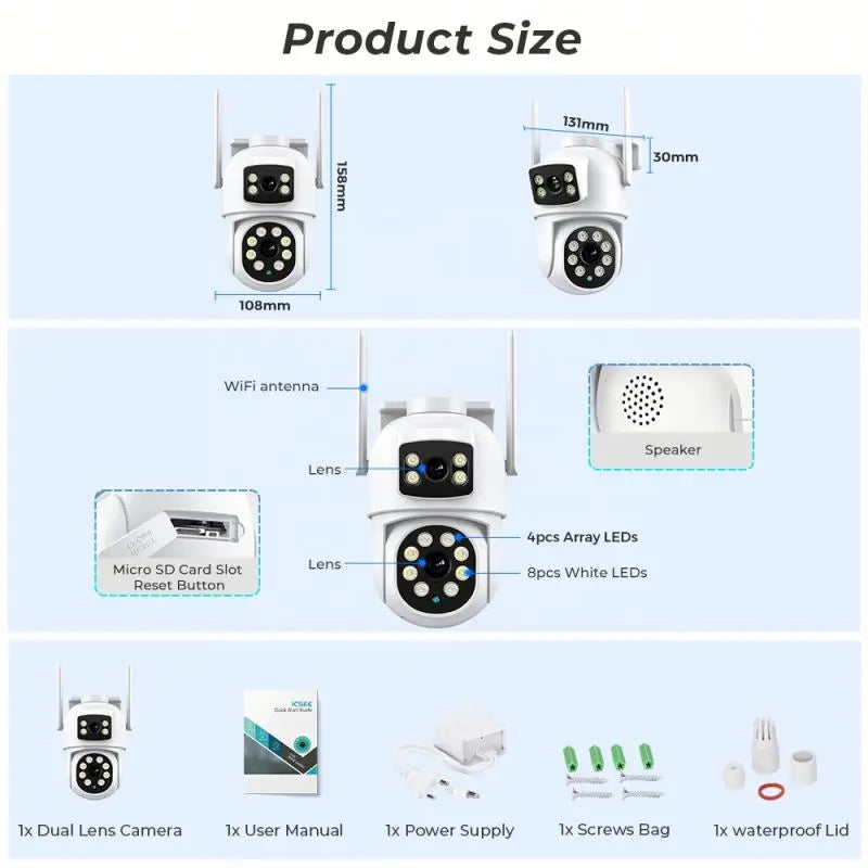 Technical diagram of a dual-lens camera with labeled parts and dimensions.