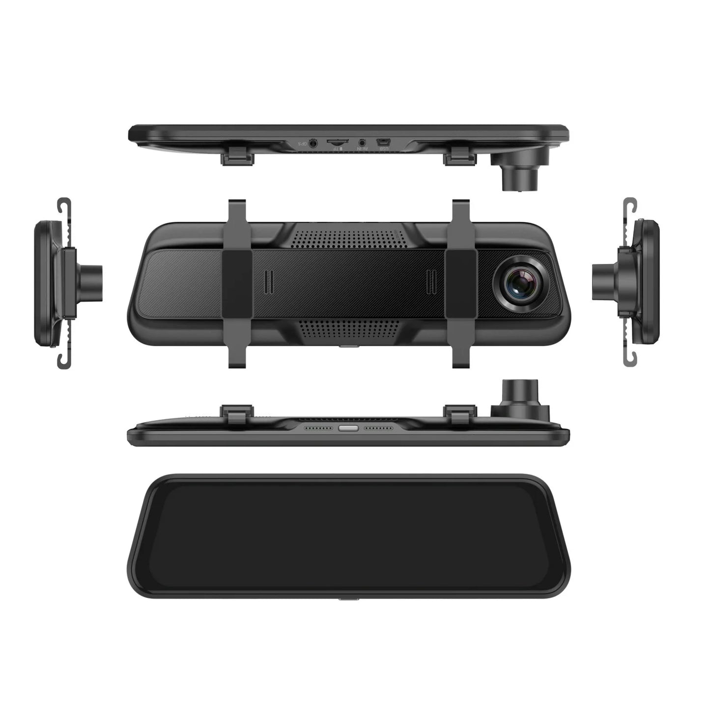 Car dashboard camera with detachable parts on a white background