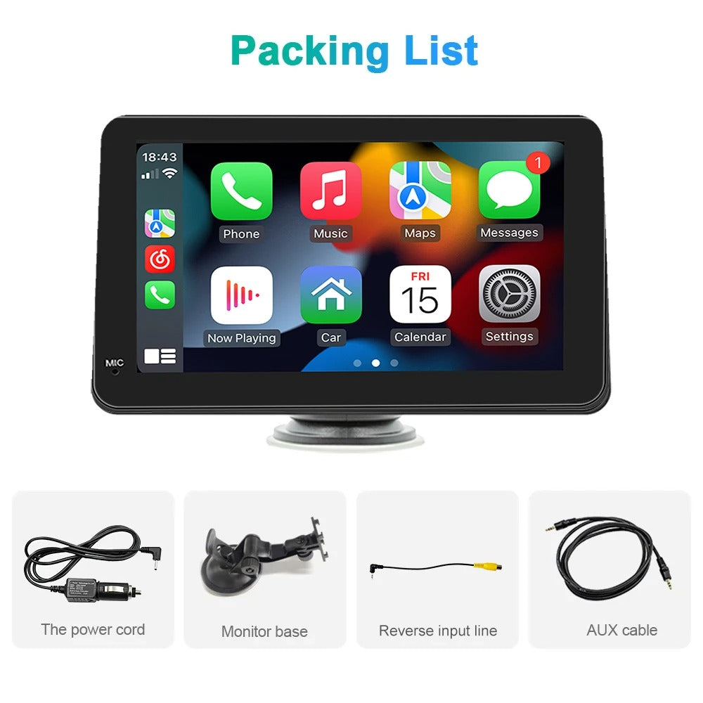 Car monitor with app icons on screen and packaging list items below