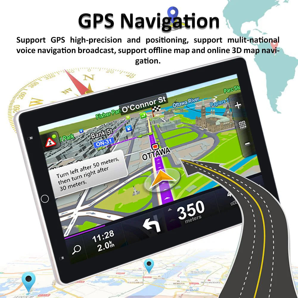 GPS navigation device displaying a map with directions on a world map background