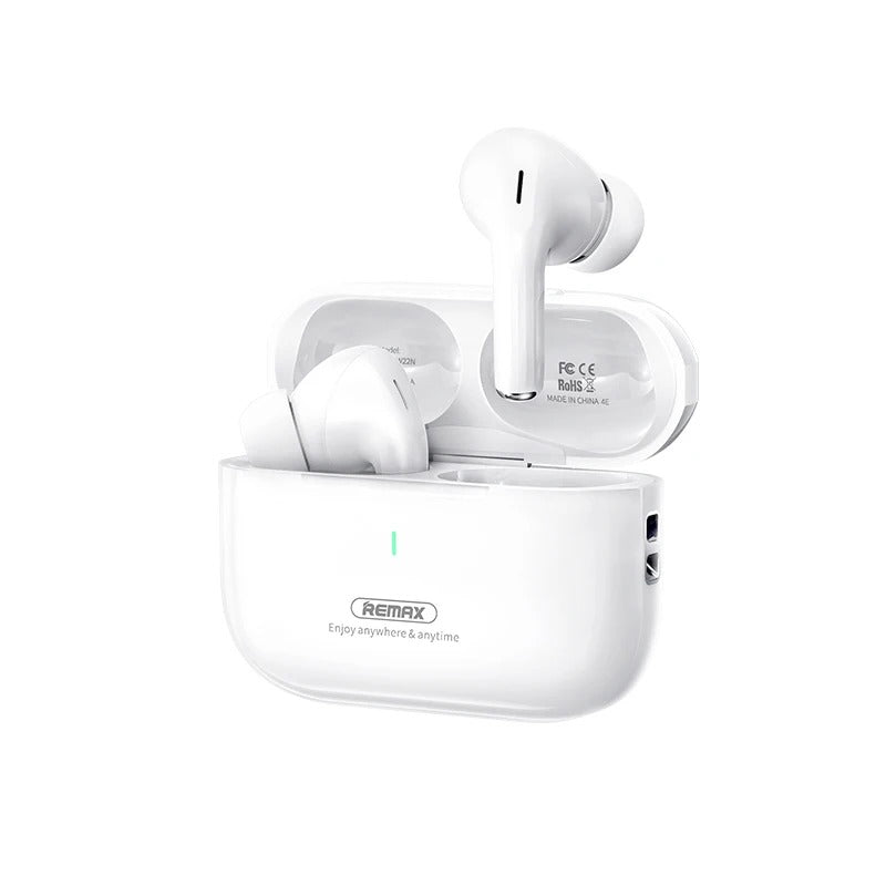 A pair of white Remax CozyBuds W22N wireless earbuds in an open charging case.