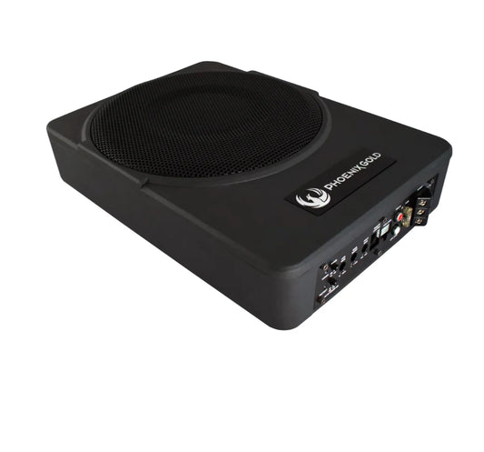 A black Phoenix God subwoofer shown at an angle on a solid white background, displaying its front speaker grille, side branding, and rear terminal connections.