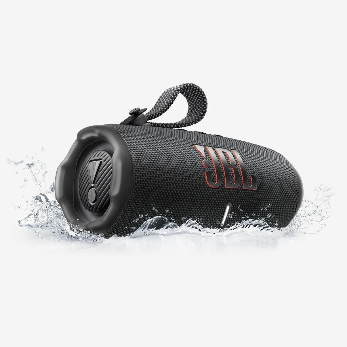 Black JBL speaker with water splashes on a white background