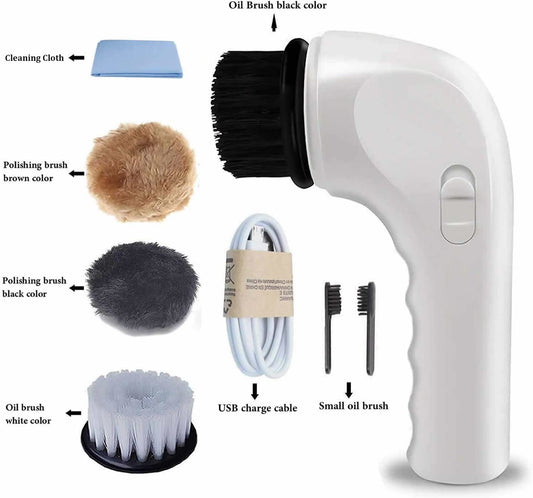 A white electric shoes brush displayed with multiple interchangeable attachments for versatile styling options.