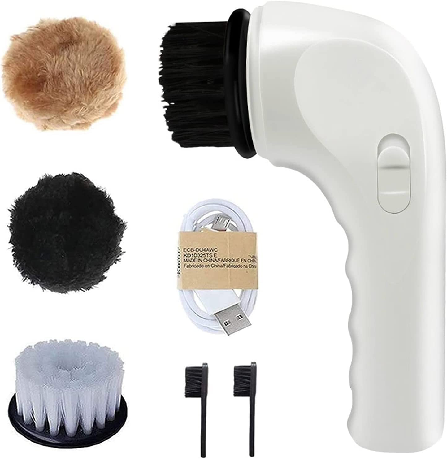 A white electric shoes brush featuring various attachments