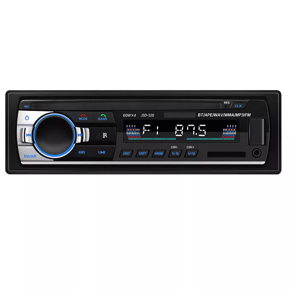 A single DIN car stereo player with Bluetooth and various audio inputs, featuring a digital display and control buttons.