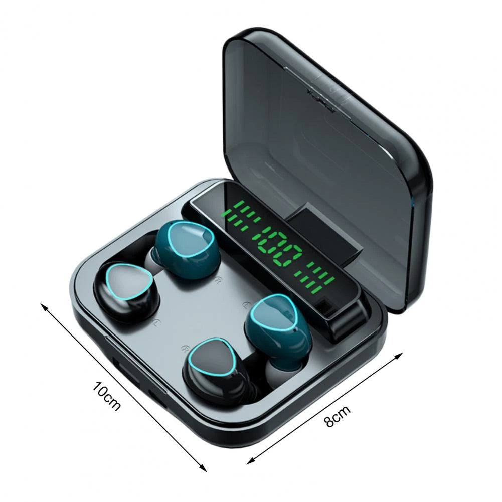 A black charging case for earbuds with four blue-colored earbuds inside, featuring a digital LED power display on the front. The case is open, showing the earbuds and the digital display.